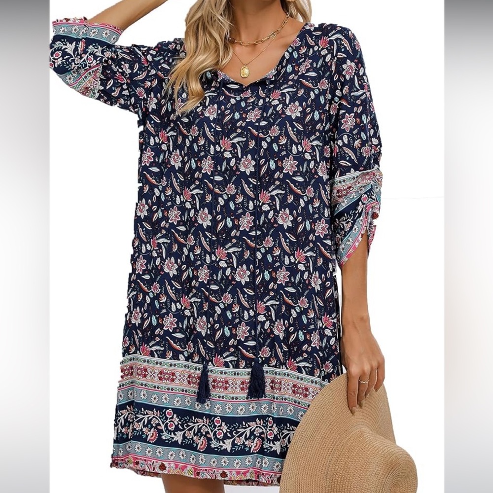 NWOT Hotouch Women Casual Summer Beach Dress Boho Tassel Tie Neck 3/4